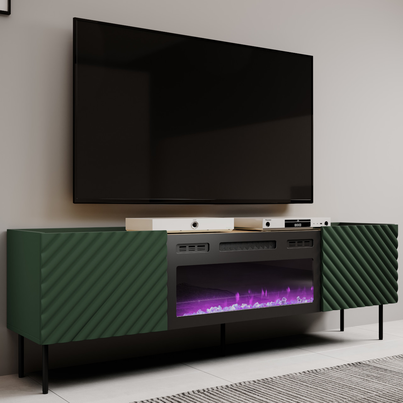 TV szekrény kandallóval INDA EF labrador zöld / artisan