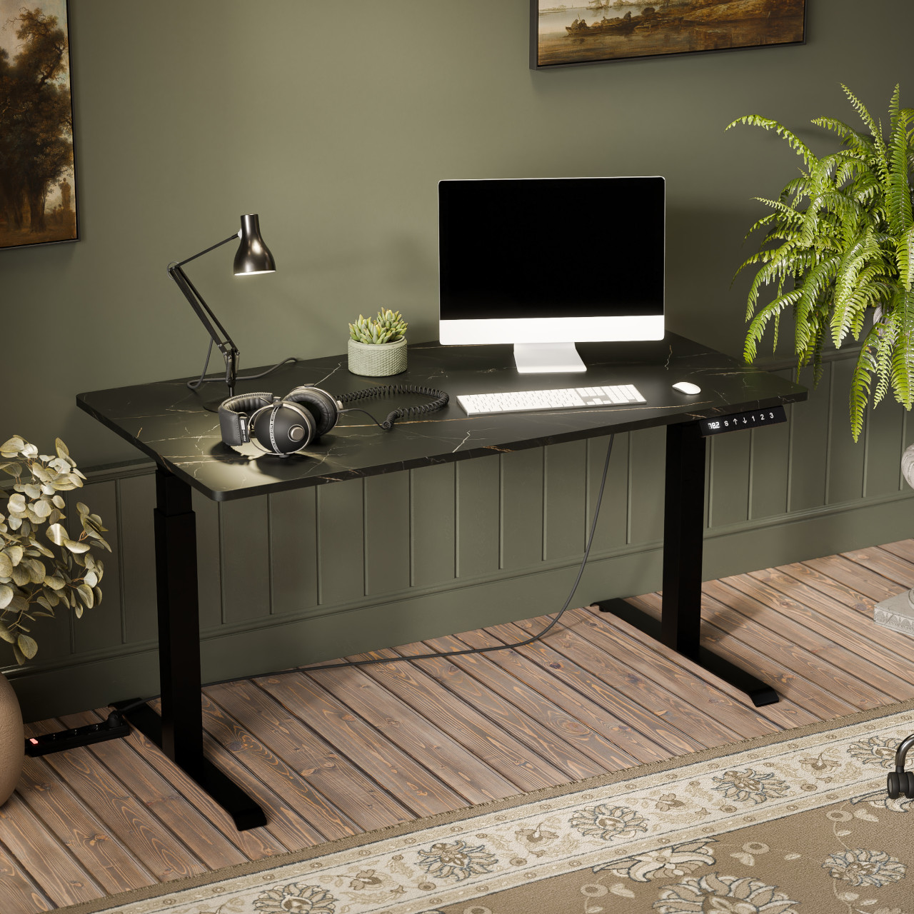 Állítható magasságú íróasztal MOON LONG fekete / wotan tölgy