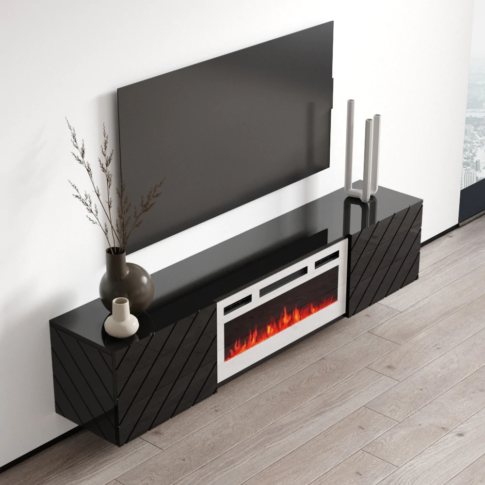 TV szekrény LUXE EF fekete / fehér kandalló