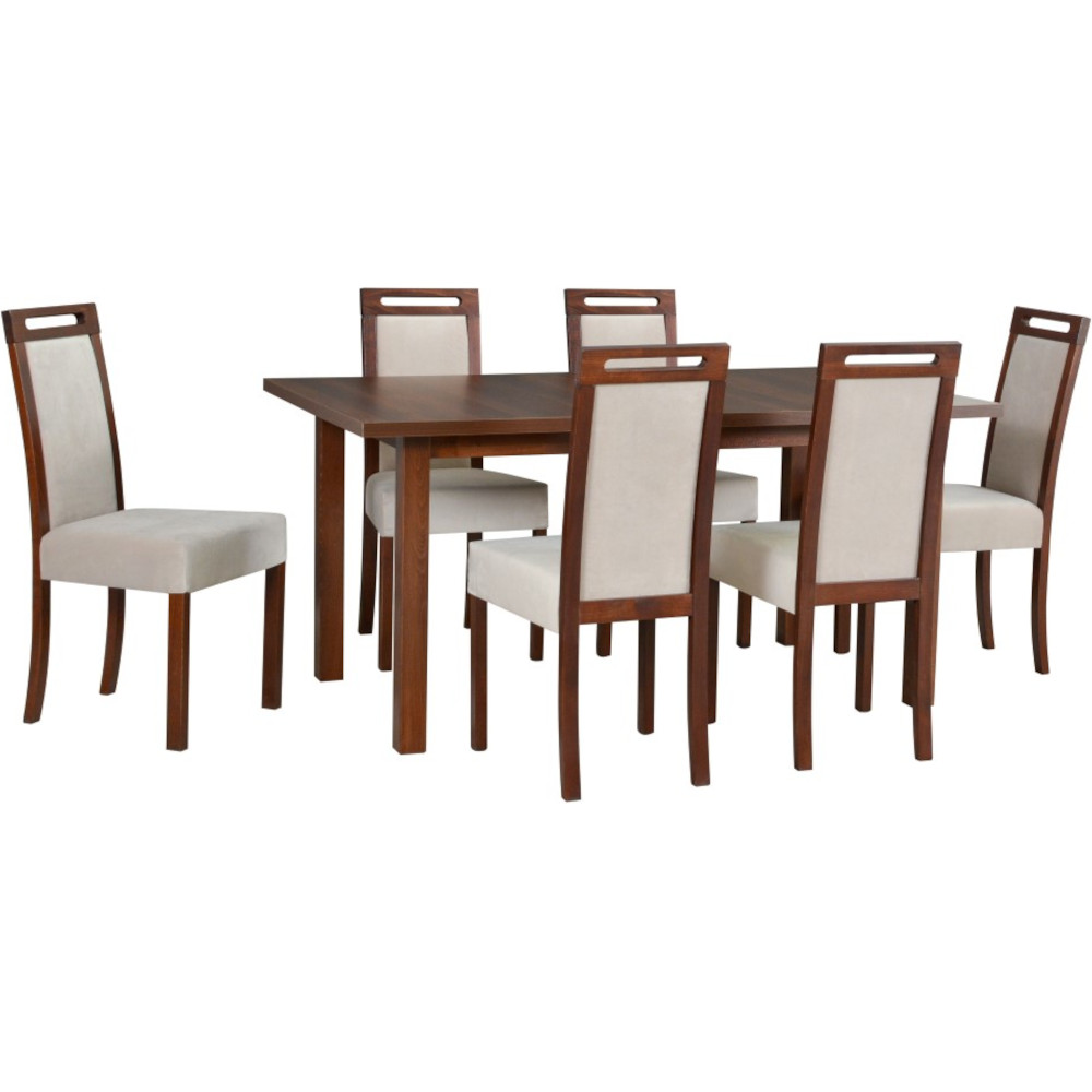 Asztal MODENA 2 XL wotan tölgy laminált / fehér + szék ROMA 5 (6 db) fehér / 29B