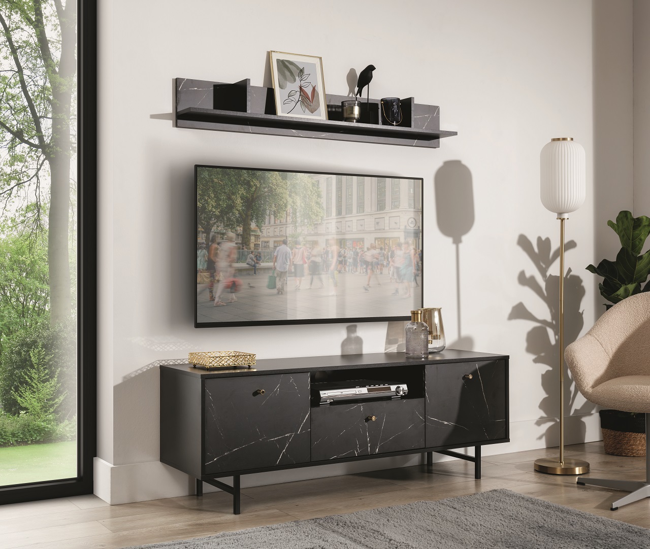 TV szekrény VEROLI VR03 fekete / fekete márvány