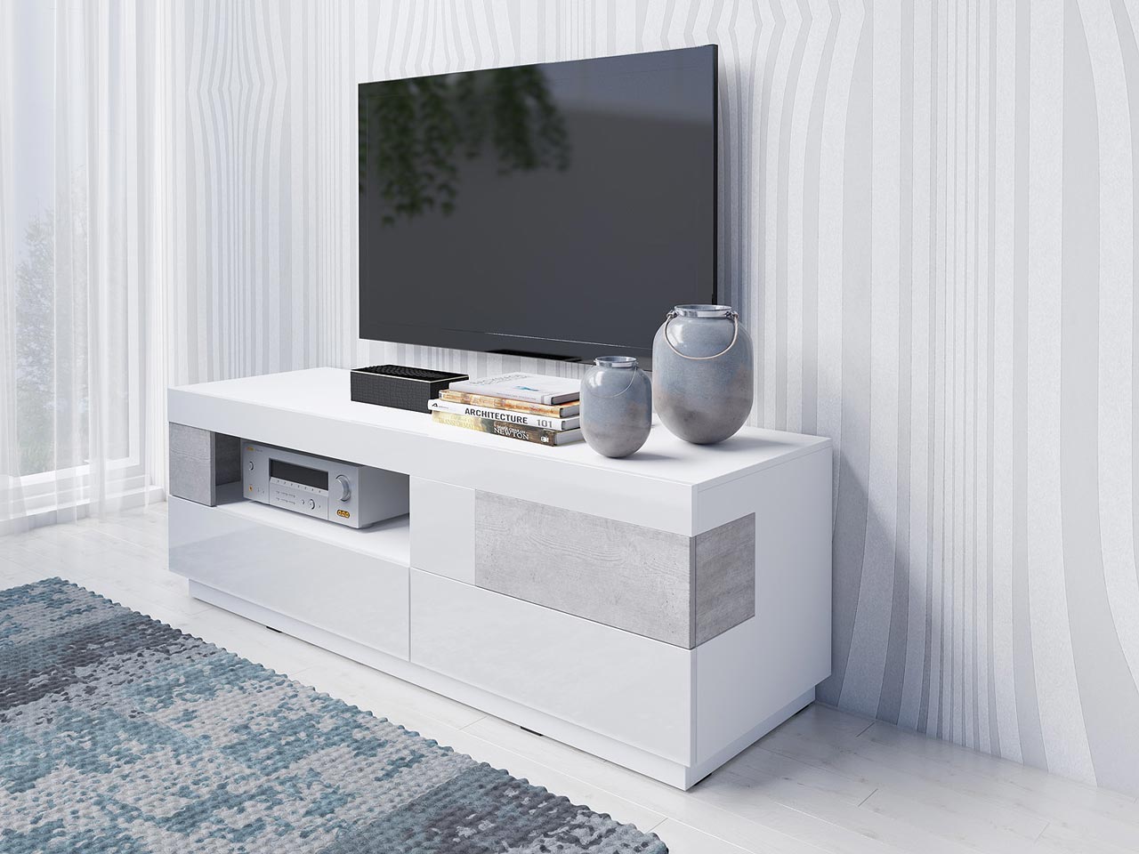 TV szekrény SILKE SE41 fehér fényes / beton