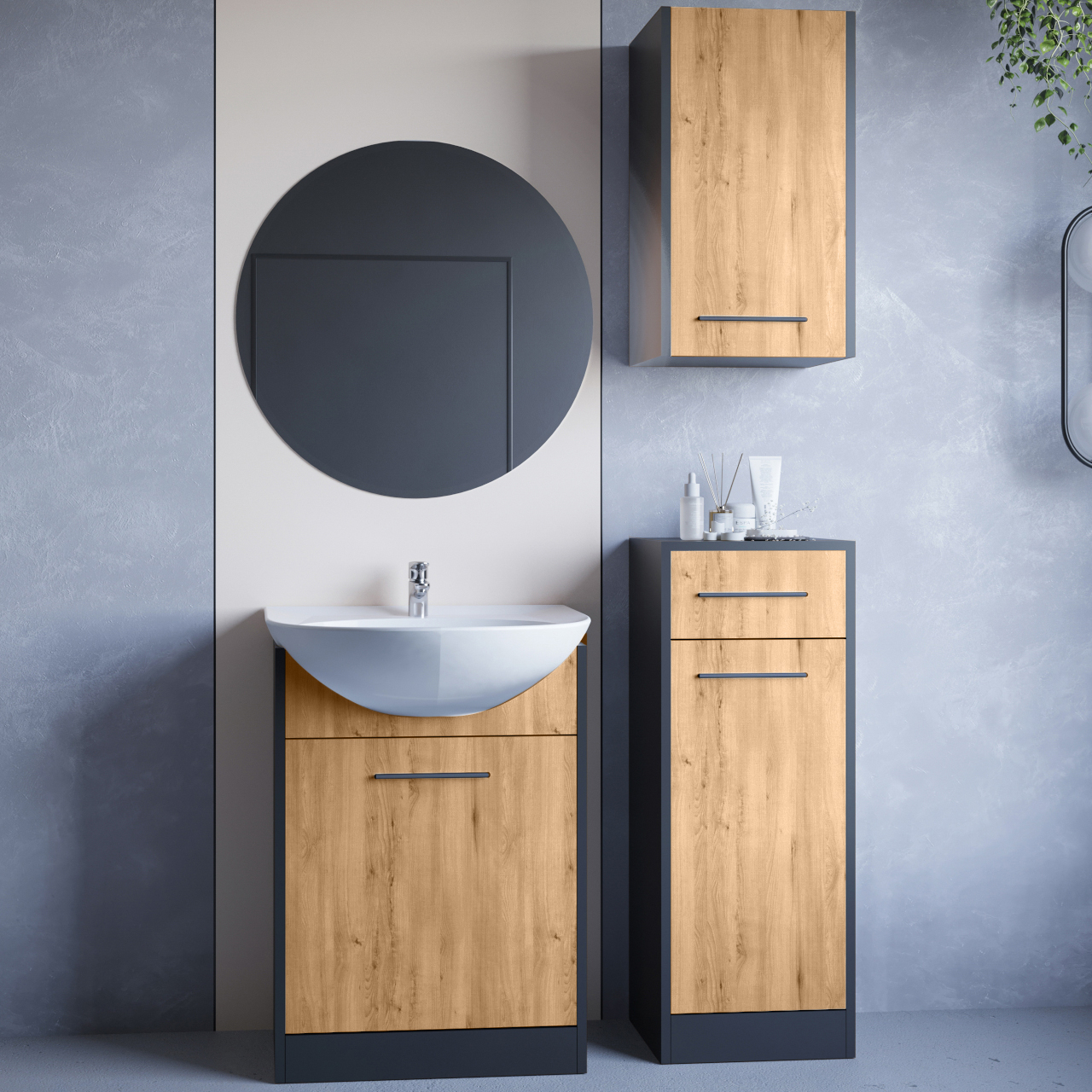 Fürdőszoba bútor tükörrel NEPPA fekete / artisan tölgy