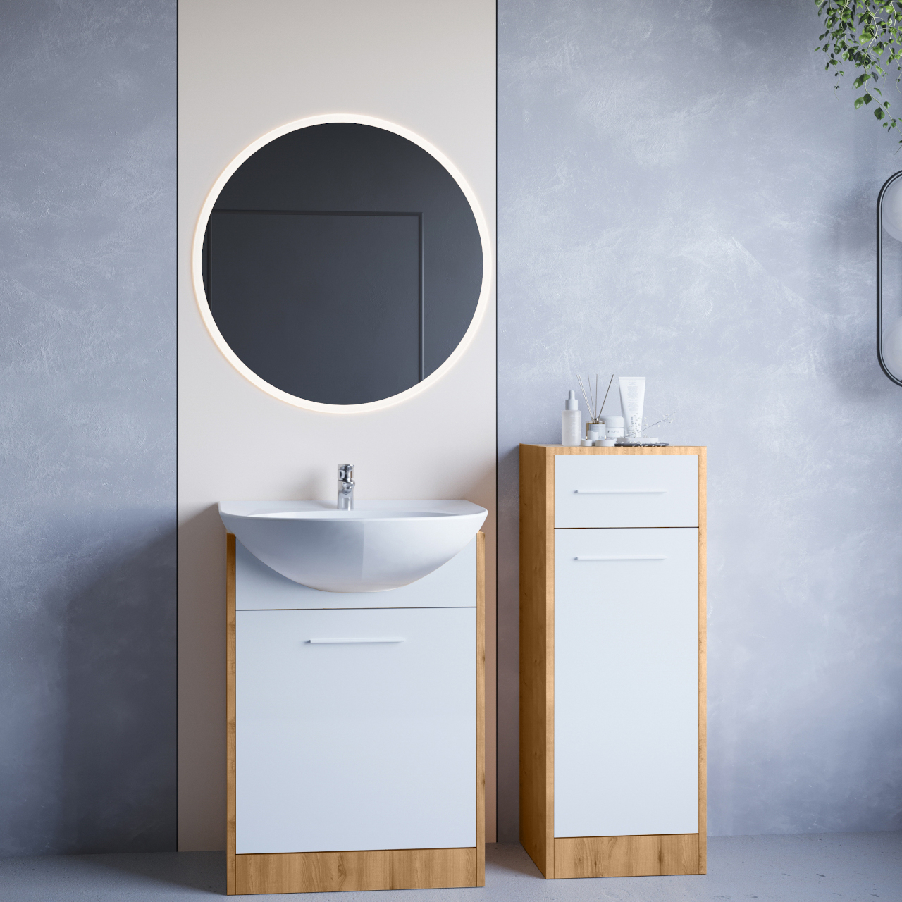 Fürdőszoba bútor tükörrel NEPPA MINI LED artisan tölgy / fehér laminált