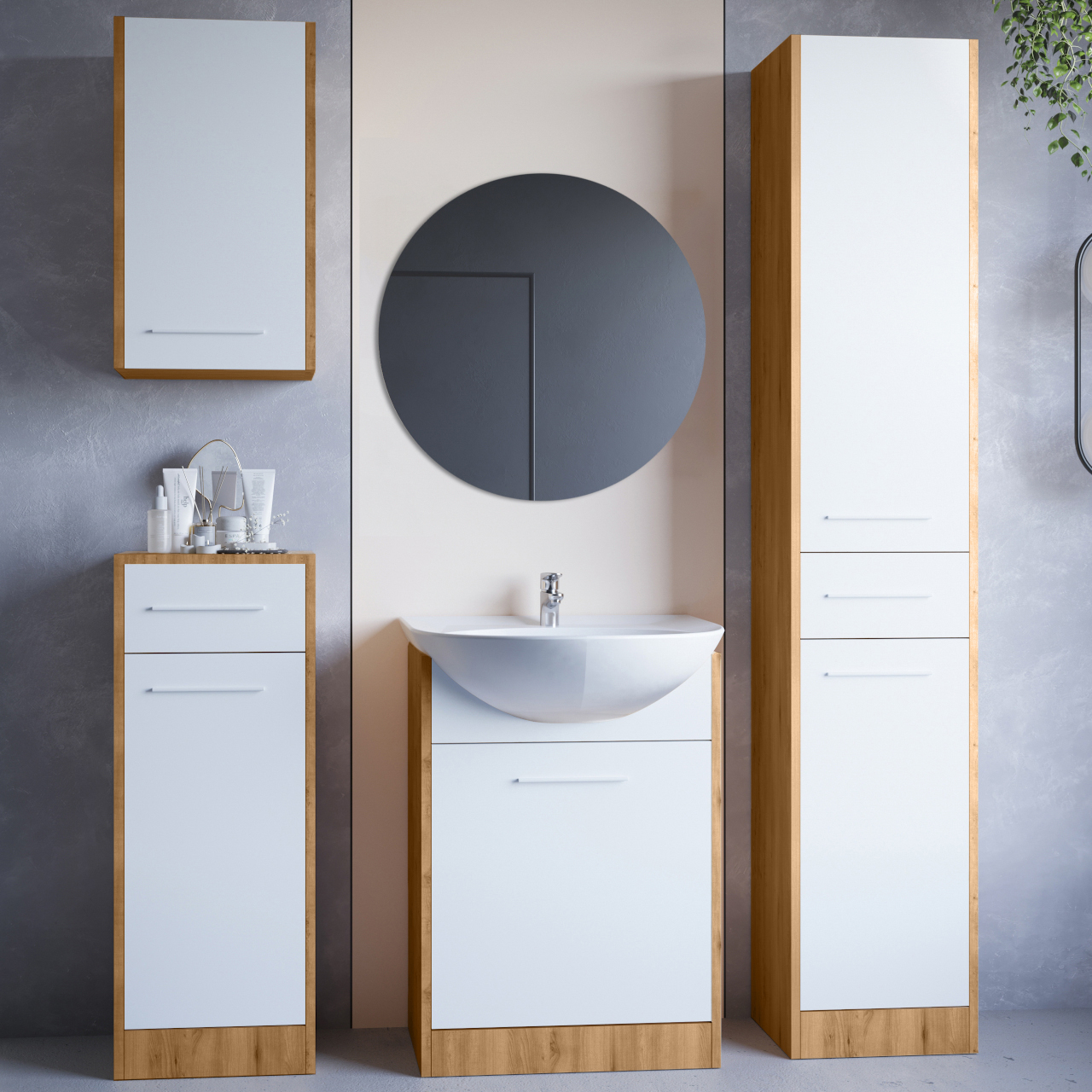 Fürdőszoba bútor tükörrel SLIDO artisan tölgy / fehér laminált