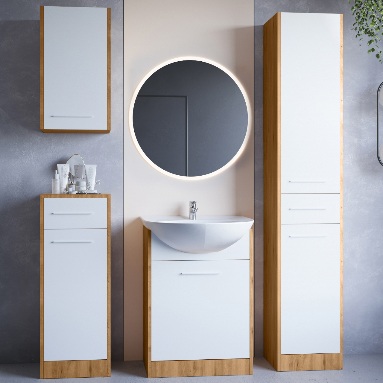 Fürdőszoba bútor tükörrel SLIDO LED artisan tölgy / fehér laminált