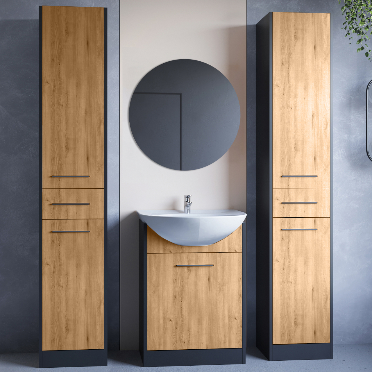 Fürdőszoba bútor tükörrel SLIDO MAX fekete / artisan tölgy
