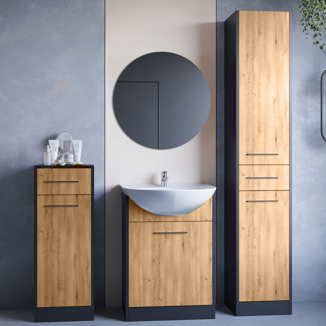 Fürdőszoba bútor tükörrel SLIDO MINI fekete / artisan tölgy
