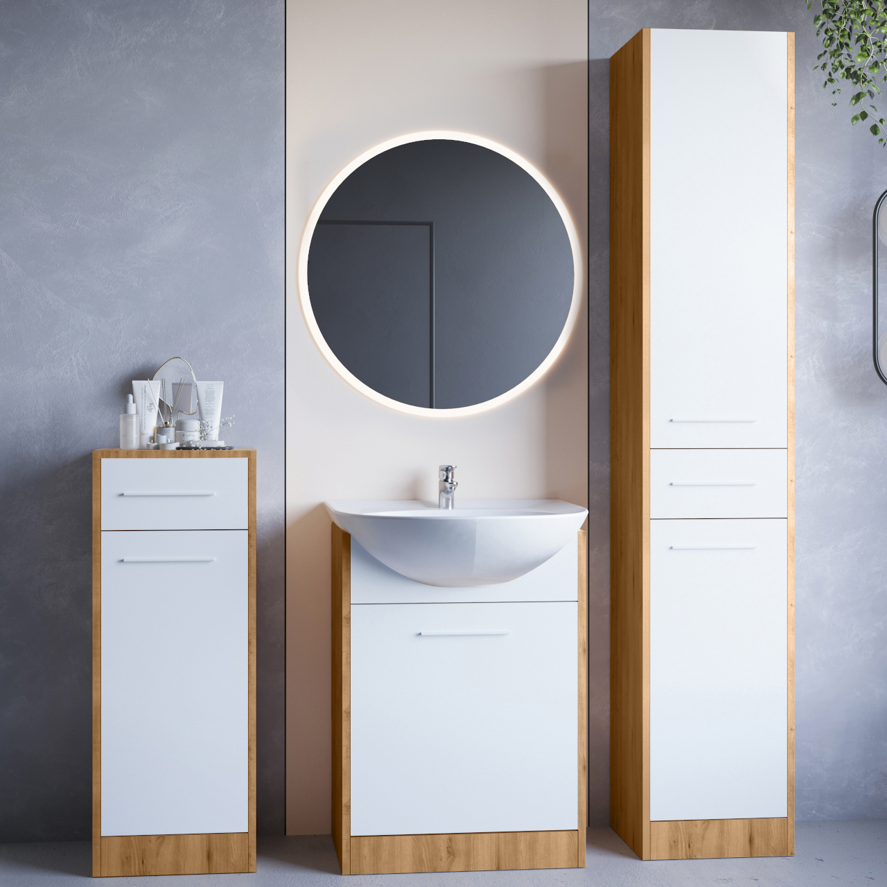 Fürdőszoba bútor tükörrel SLIDO MINI LED artisan tölgy / fehér laminált
