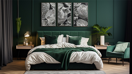 Palackzöld és fehér hálószoba – inspiráció érzéki dekorációkhoz