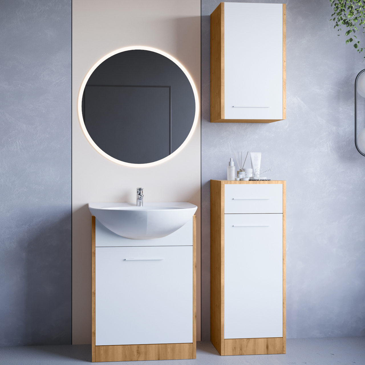 Fürdőszoba bútor tükörrel NEPPA LED artisan tölgy / fehér laminált