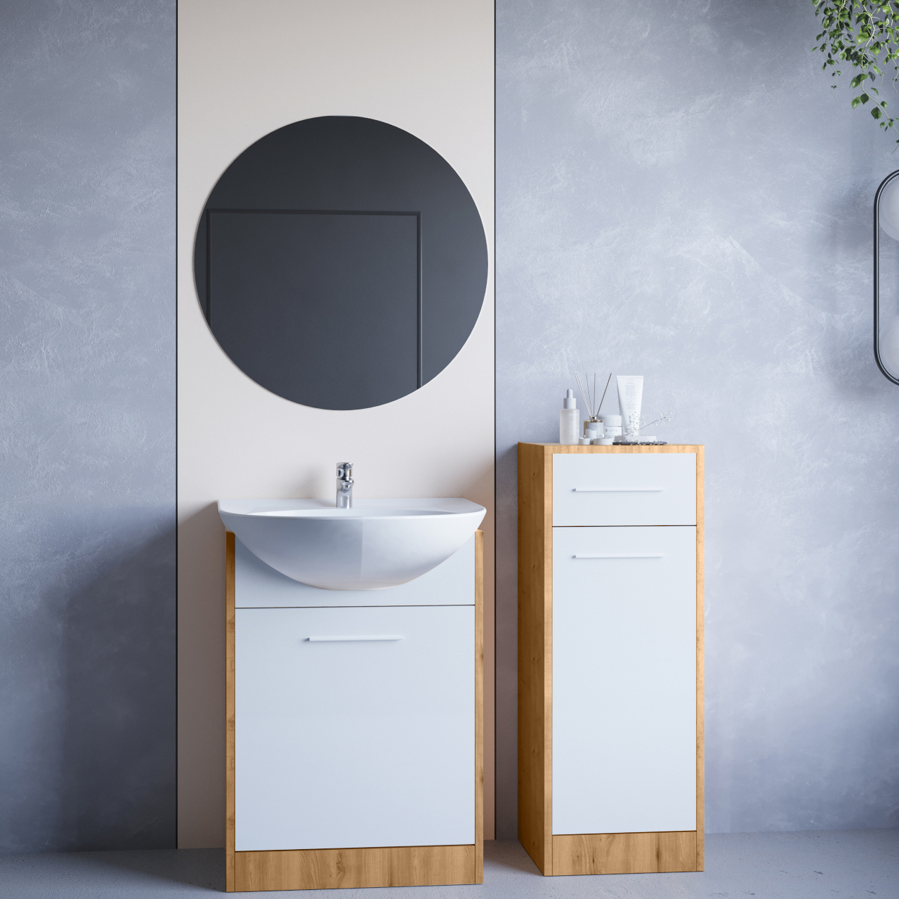 Fürdőszoba bútor tükörrel NEPPA MINI artisan tölgy / fehér laminált