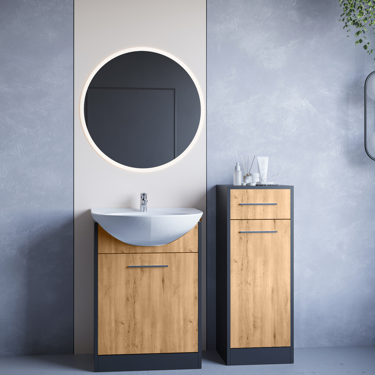 Fürdőszoba bútor tükörrel NEPPA MINI LED fekete / artisan tölgy
