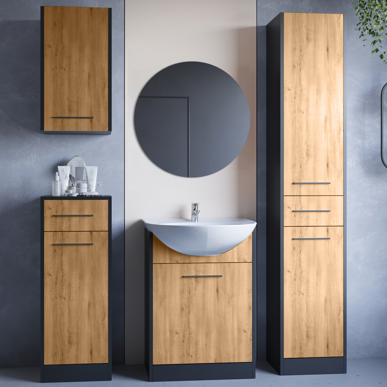 Fürdőszoba bútor tükörrel SLIDO fekete / artisan tölgy